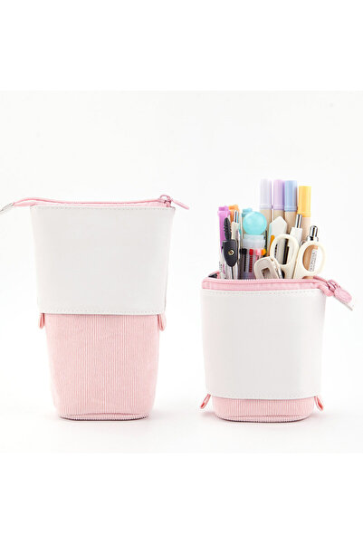 choice2 PU corduroy pink Telesco Pencil Bag Stand-up Pen Case Cute Pencil Hol...