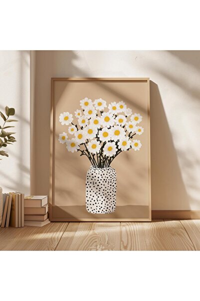 NinaStore Minimalist Papatya Duvar Sanatı Bej Çiçekli Poster Puantiyeli Vazod...
