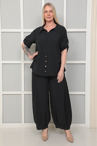 etselements Black Shirt Collar Button Detail Wide Leg Relaxed Fit Double Suit...