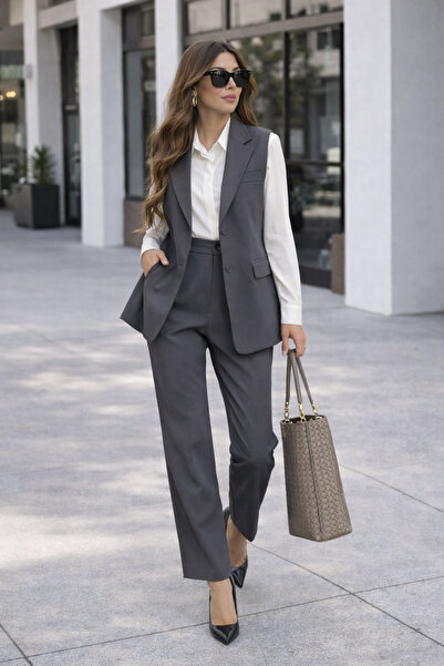 MADAME MELEK Zr Model Brand Padded Vest Pants Suit - Carrot Pants Long Vest S...