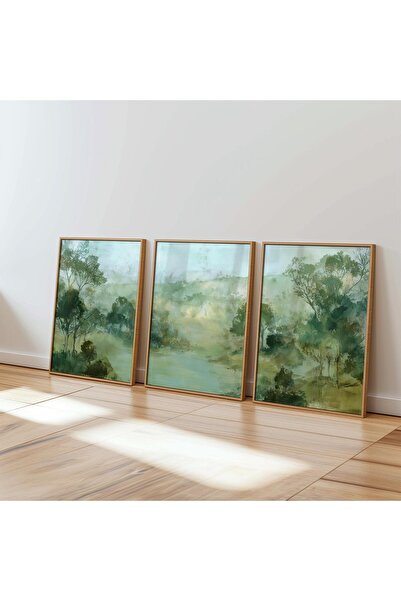 NinaStore Yeşil Manzara Duvar Sanatı 3'lü Doğa Baskısı Seti Orman Ağacı Sanat...