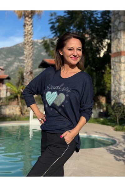 Punta Otantik Yg27060 Double Heart Printed Italian Knitwear Blouse Navy Blue