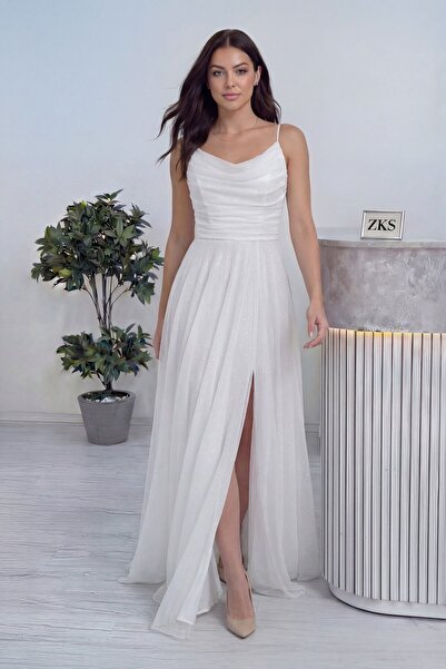 the ZKS Kadın Askılı Ön Drapeli Yırtmaçlı Simli Abiye Elbise Mürdüm, Lila, Si...