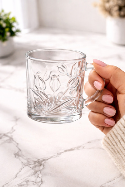 OEM Set of 6 Glass Mugs 220 ml King Polo, Embossed Floral Pattern, For Coffee...