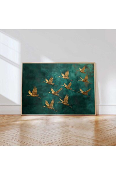 NinaStore Altın Turna Duvar Sanatı / Zümrüt Yeşili Kuş Baskısı / Zarif Doğa D...