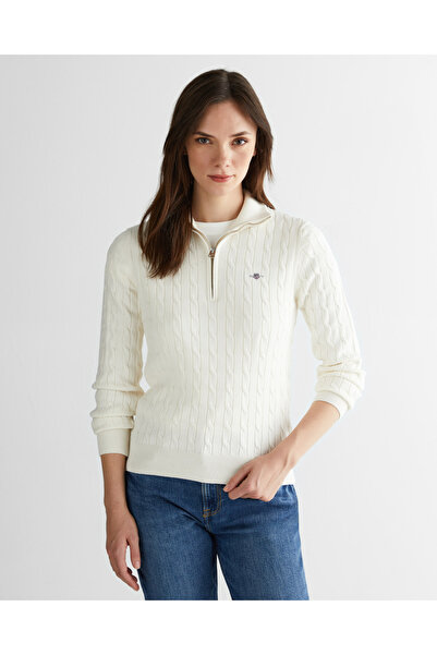 Gant Kadın Beyaz Regular Fit Yarım Fermuarlı Triko