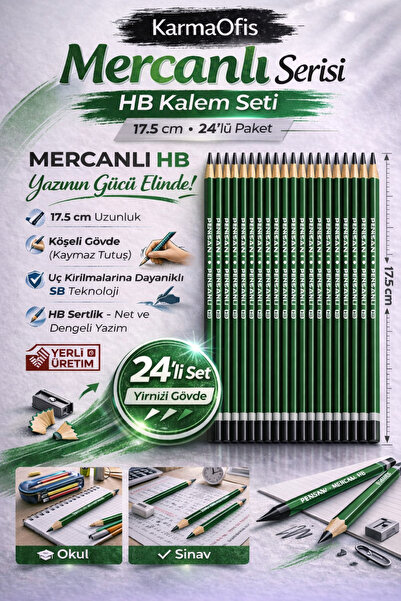 KarmaOfis Coral Hb Pencil Green Single Color 24 Pieces, Angled Body, 17.5 cm