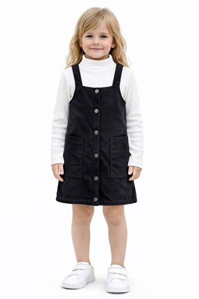 YARENKİDS Square Collar Basic Strap Girls' Velvet Salopet Dress Holiday Set