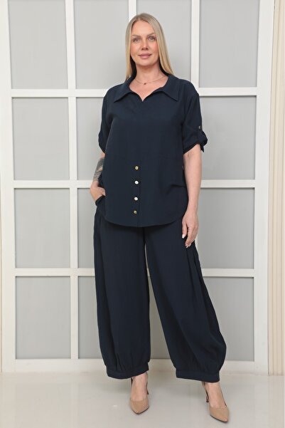 etselements Shirt Collar Button Detail Wide Leg Relaxed Fit Double Suit Ets4093