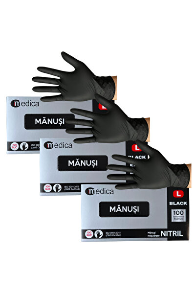 MEDICA Promo Pack 3 x Box of 100 Disposable Nitrile Gloves - Black, Size L