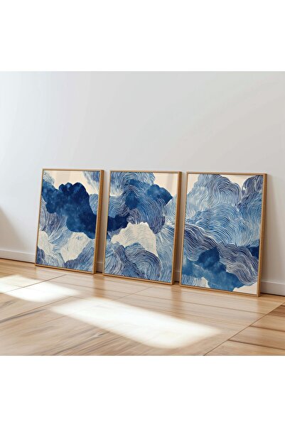 NinaStore İndigo Soyut Duvar Sanatı Seti Modern Mavi Çizgi Sanat Baskıları Di...
