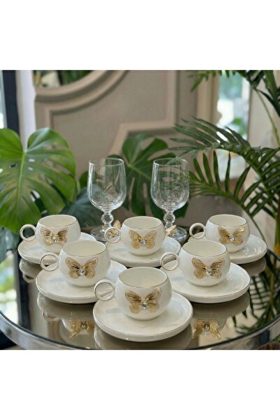 Elta Collection طقم فناجين قهوة تركية مكون من 6 قطع بتفاصيل على شكل فراشة - ط...