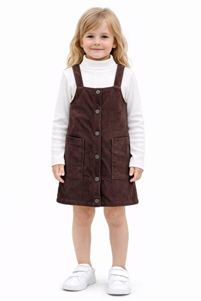 YARENKİDS Square Collar Basic Strap Girls' Velvet Salopet Dress Holiday Set