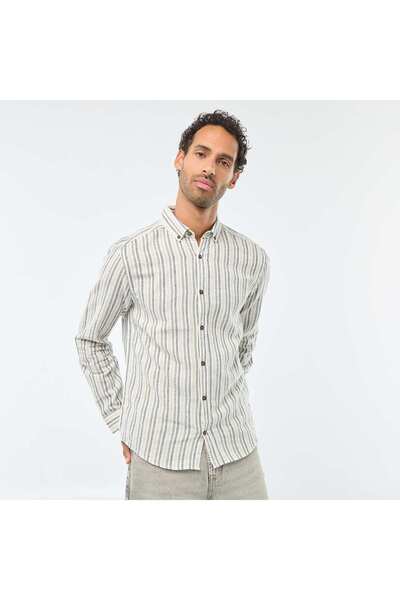 KIABI Striped Linen and Cotton Shirt WHITE