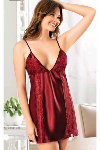 MARİA CALZE Women's Lace Detailed Satin Nightgown with Rope Straps