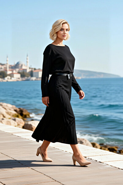 BENERLY Women's Sweater Dress a Line Maxi Knitwear Boat Neck Standard Long Sl...