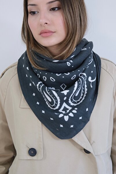 YENGEÇ Antrasit Gri Etnik Desen Pamuklu 90*90 Şal Fular