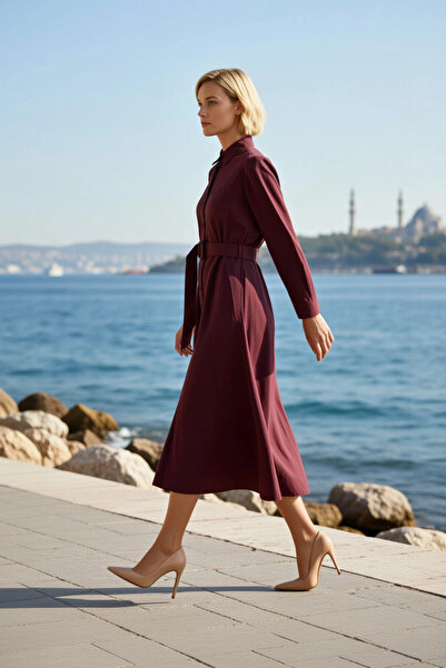 BENERLY Дамска рокля с яка, дълъг ръкав, тъкан от памук и флис, детайл с ката...