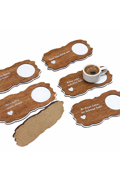 Oduncudünyası 6 Pieces of Walnut Patterned Coffee Presentation Cups and Coasters