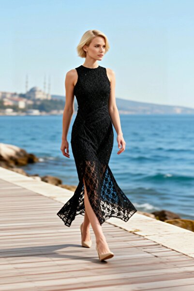 BENERLY Women's Dress Skirt Bodycon Crew Neck Sleeveless Stone Print Detailed...