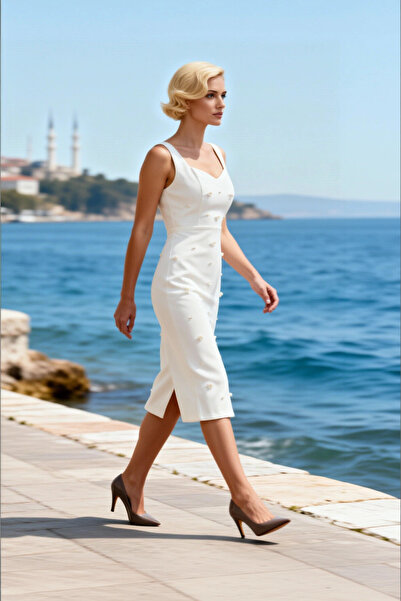 BENERLY Women's Midi Dress V-Neck Thick Straps Sleeveless Floral Applique Det...