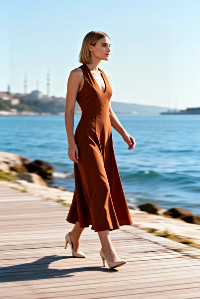 BENERLY Women's Midi Dress V-Neck Halter Neck Sleeveless Open Back A-Line Mic...