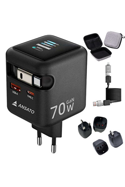 ANSATO Incarcator de Retea 70W ANSATO™️, Afisaj Digital, Incarcare 3x dispozi...