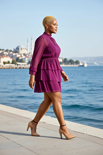 BENERLY Women's Plus Size Mini Dress High Neck Long Sleeve Floral Print Chiff...