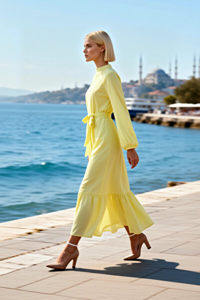 BENERLY Women's Dress Woven Hijab Crew Neck Raglan Sleeve Maxi Length Belted ...