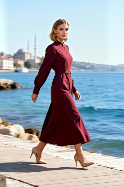 BENERLY Women's Maxi Dress High Neck Long Sleeve Woven Fabric Skater Plain Pa...