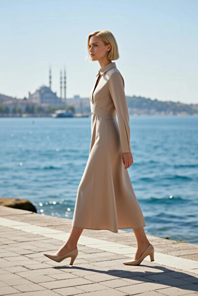 BENERLY Women's Maxi Dress Lapel Long Sleeve Woven Fabric Plain Pattern Cross...