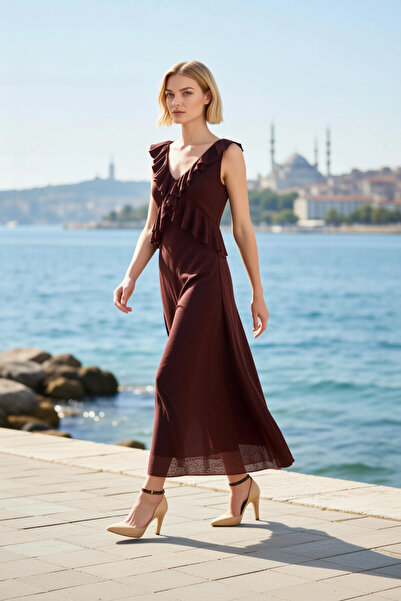 BENERLY Women's Midi Dress A-Line V-Neck Sleeveless Flounce Ruffle Foam Knitt...