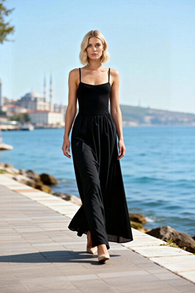 BENERLY Rochie maxi de damă, țesută, cu guler pătrat, cu bretele subțiri, făr...