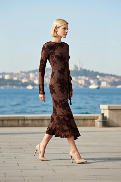 BENERLY Дамска рокля Midi Bodycon с велосипедна яка, дълги стандартни ръкави,...