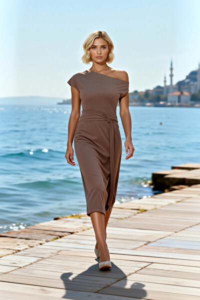 BENERLY Rochie midi de damă, cu guler în V, mânecă scurtă, croială în formă d...