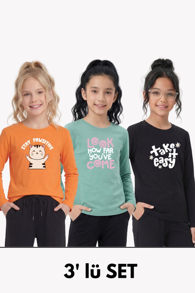 panios kids 3'lü Yuvarlak Yaka Baskı Detaylı Uzun Kollu Kız Çocuk Tişört