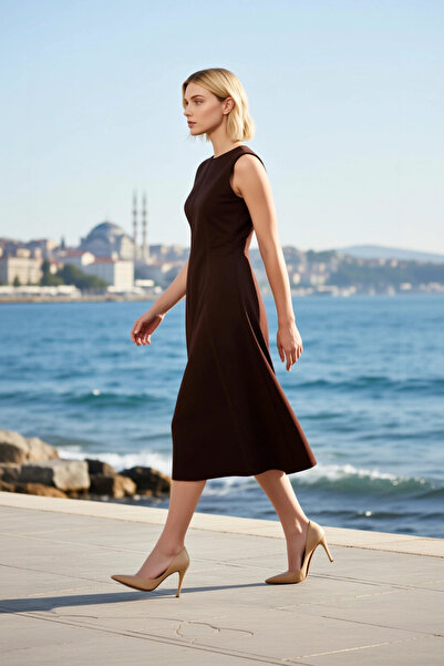 BENERLY Women's Midi Dress Crew Neck Sleeveless Woven Gabardine Plain Contras...