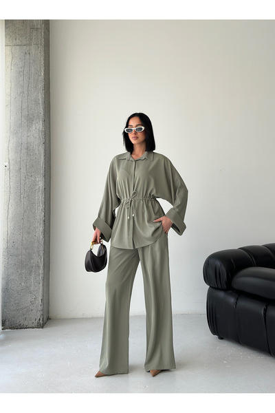 MODAMERSİ Women's Khaki Tie-Waist Top and Bottom Two-Piece Set