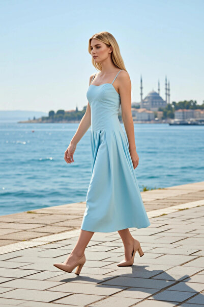 BENERLY Women Midi Dress Heart Collar Sleeveless Woven Skater Plain Pattern U...