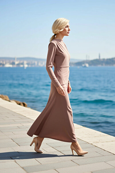 BENERLY Women's Dress with Hijab, High Collar, Long Sleeve, Sandy Woven, Stra...