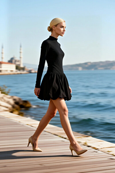 BENERLY Women's Mini Dress High Neck Long Sleeve Skater Cut Balloon Detail Wo...