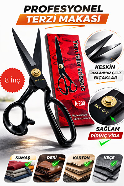 AKA CHI Profesyonel Terzi Makası 8 İnç Paslanmaz Çelik Kumaş Kot Deri Kesim M...