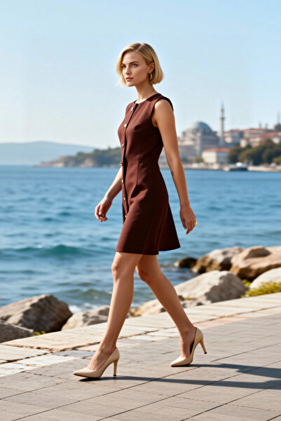 BENERLY Women's Mini Dress, Crew Neck, Sleeveless, Woven, A-Line, Plain Patte...