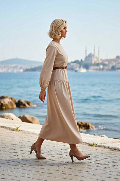 BENERLY Women's Dress Maxi A-Line Crew Neck Long Balloon Sleeve Woven Terryco...