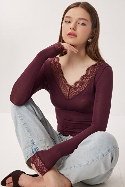 Lovelyİstanbul Lacy Transparent Knitted Blouse Lby0049 Mürdüm