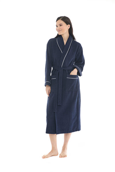 Seritaine Gaia Şalyaka Women's Bathrobe - Navy Blue 100% Cotton