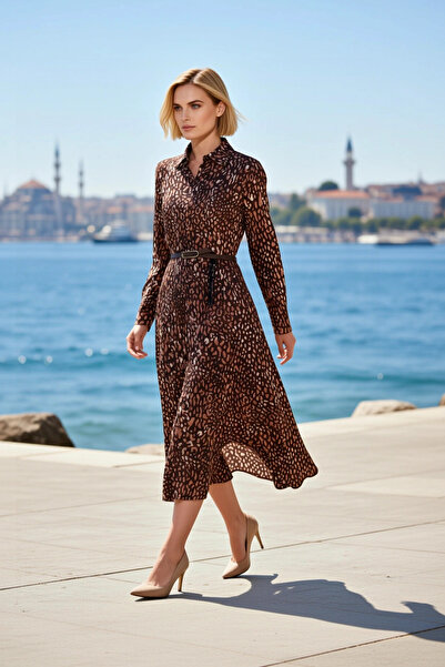 BENERLY Women Midi Dress Lapel Long Sleeve Woven Fabric Animal Pattern Belted...