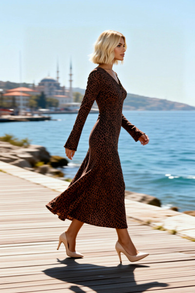 BENERLY Women's Midi Dress V-Neck Long Sleeve Fish Pattern Woven Animal Patte...