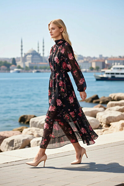 BENERLY Women's Maxi Dress High Neck Long Balloon Sleeve Lined Chiffon Woven ...