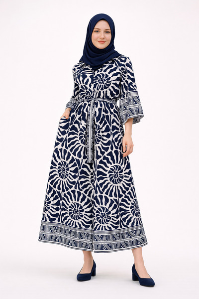 Burcumay 100% Cotton Summer Design Patterned Navy Blue Shirt with Pockets and...